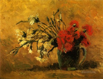 ヴィンセント・ヴァン・ゴッホ Painting - 黄色の背景に赤と白のカーネーションの花瓶 フィンセント・ファン・ゴッホ